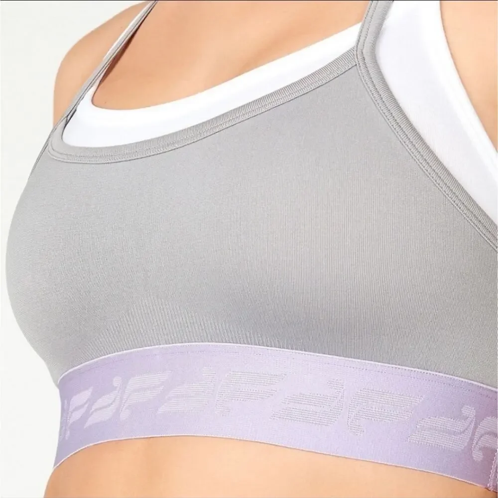 XS Fabletics layered strappy gray white & lavender athletic sports bra